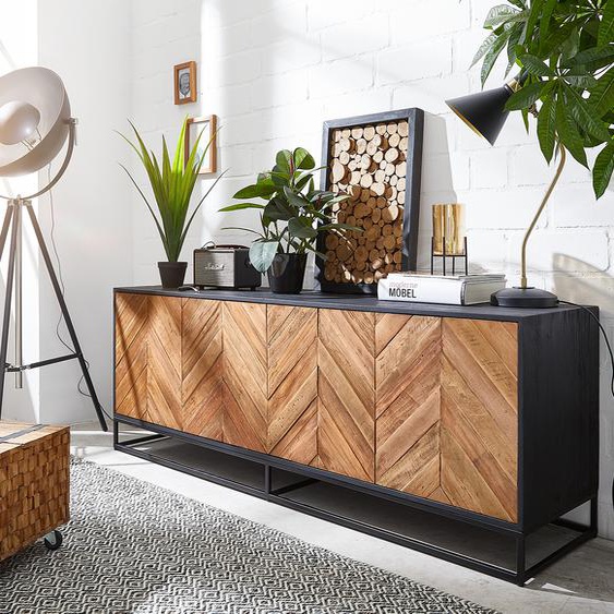 Buffet Famke 175x45 cm Exotic Wood Fishbone cadre noir 4 portes, Buffets
