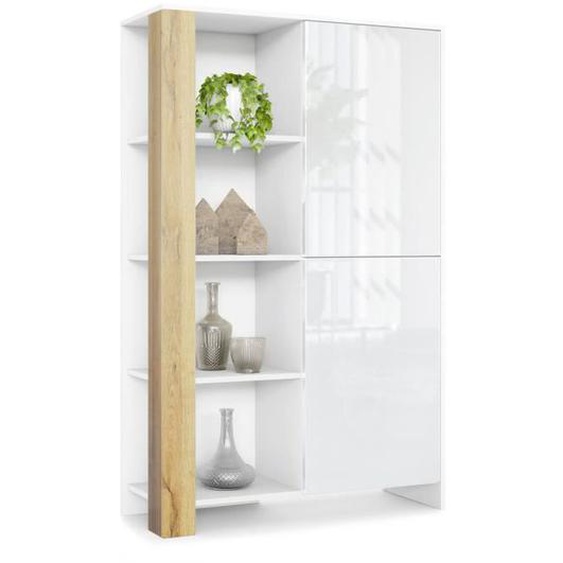 Buffet Haut Canto, meuble haut avec 2 portes et 8 compartiments, blanc mat - blanc brillant - chêne nature (95 x 151,5 x 36 cm)