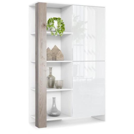 Buffet Haut Canto, meuble haut avec 2 portes et 8 compartiments, blanc mat - blanc brillant - chêne nordique (95 x 151,5 x 36 cm)