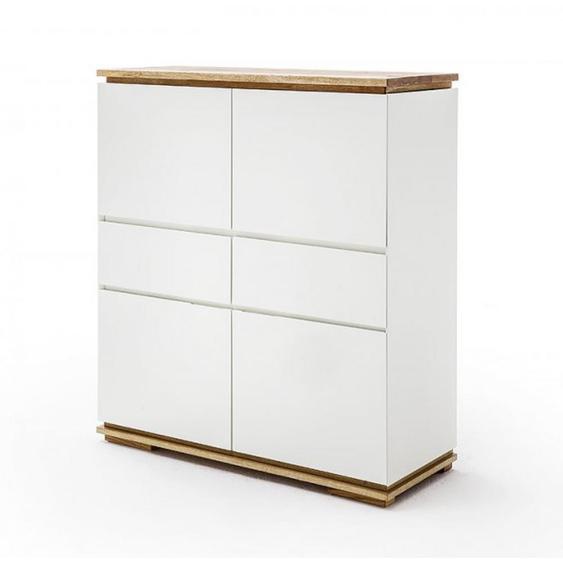 Buffet haut CHARLY 4 portes 2 tiroirs laqué blanc mat socle et plateau chêne massif