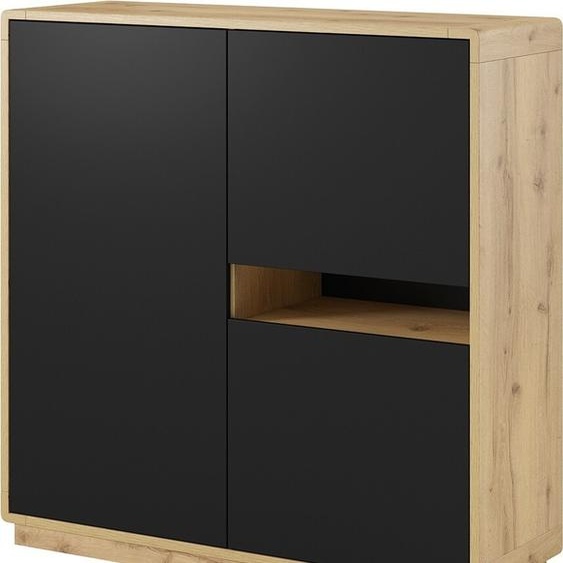 Buffet haut collection VILLA. Couleur chêne et noir. 3 portes et 1 niche