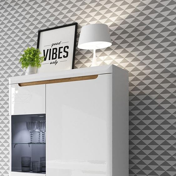 Buffet haut de salon, vitrine 90 cm, blanc brillant, chêne Riviera