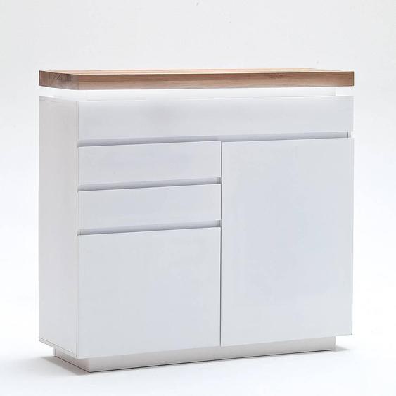 Buffet haut ROMINA 2 portes 3 tiroirs laqué blanc mat plateau chêne noueux huilé