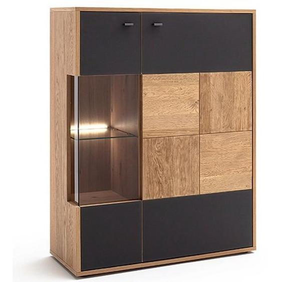 Buffet Haut VALERIA 2 portes poutre chêne Bianco verre satiné anthracite