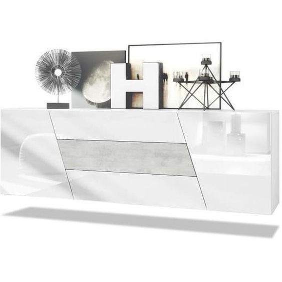 Buffet Houston - VLADON - 2 portes 3 tiroirs - Blanc mat - Blanc brillant - Béton oxyde