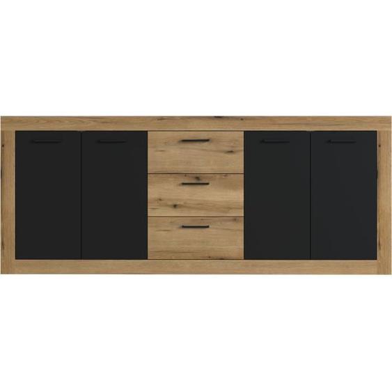 Buffet INDUS Mélaminé chêne et noir - 4 portes + 3 tiroirs - Style industriel - L 206 x P 45 x H 83,5 cm STONE