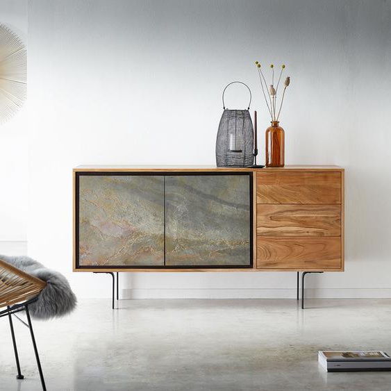 Buffet Juwelo 150 cm acacia nature avec placage de pierre, Buffets
