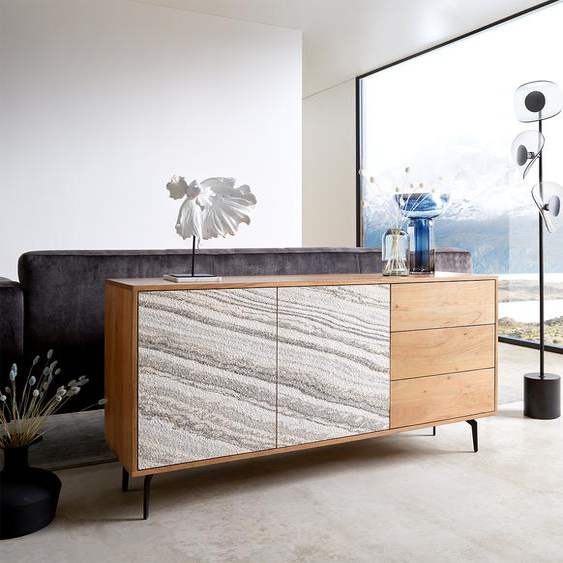 Buffet Kleo 147 cm acacia naturel 2 portes 3 tiroirs pieds angulaires métal noir, Buffets