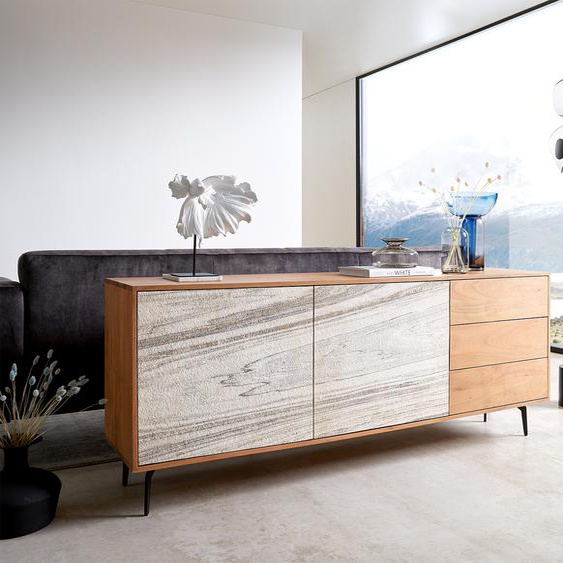Buffet Kleo 175 cm acacia naturel 2 portes 3 tiroirs pieds angulaires métal noir, Buffets