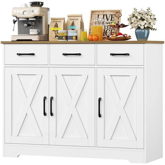 Buffet - Meuble de cuisine - 3 tiroirs, 3 portes - Plan de travail - Mélaminé - 80 cm de large - Blanc