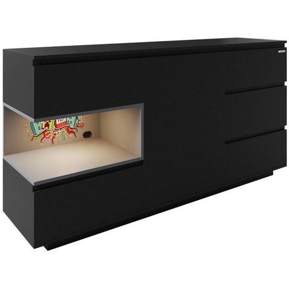 Buffet Minecraft 5 Tiroirs Et Compartiment Ouvert Avec Éclairage Led Effet Carbone Noir