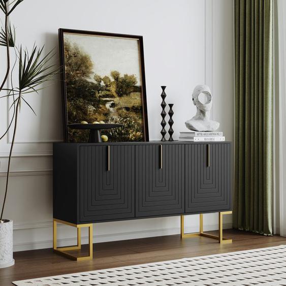 Buffet moderne à 3 portes avec étagères réglables, portes darmoire en forme de U, poignées et base en métal(noir)-HAUSS SPOLE