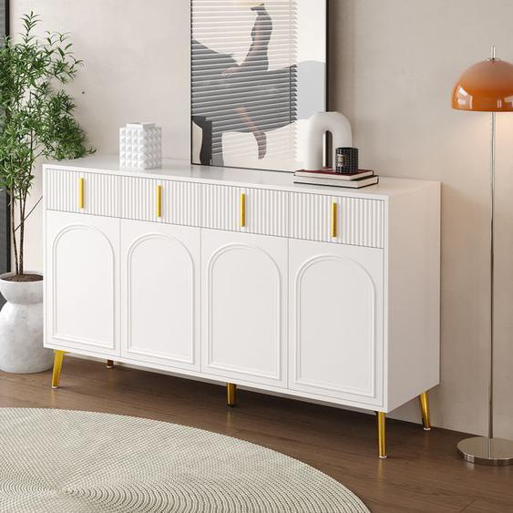 Buffet Moderne, Buffet bahut de salon, 4 tiroirs et 4 portes, Rangement, Buffet Bas, 140x37.8x82 cm, Pieds en métal, Blanc