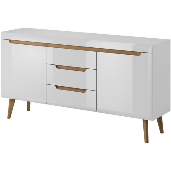 Buffet Nordi Kommode, dimensions 160x40x83 cm, blanc brillant, façade en bois imitation chêne Riviera