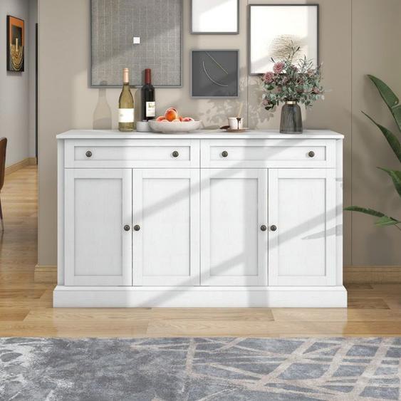 Buffet PARIS commode bahut vaisselier avec 4 portes battantes et 2 tiroirs pin massif lasur blanc blanc et brun