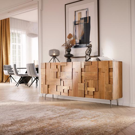 Buffet Puzzle 175 cm acacia naturel 3 portes pied équerre inox, Buffets