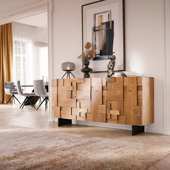 Buffet Puzzle 175 cm acacia naturel 3 portes pied flottant métal noir, Buffets