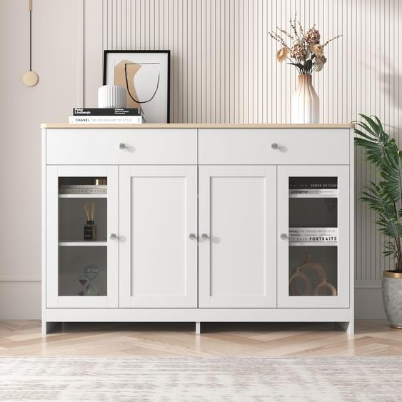 Buffet Salon Avec Porte En Verre, Meuble De Rangement Salon Avec 2 Tiroirs Et 4 Portes
