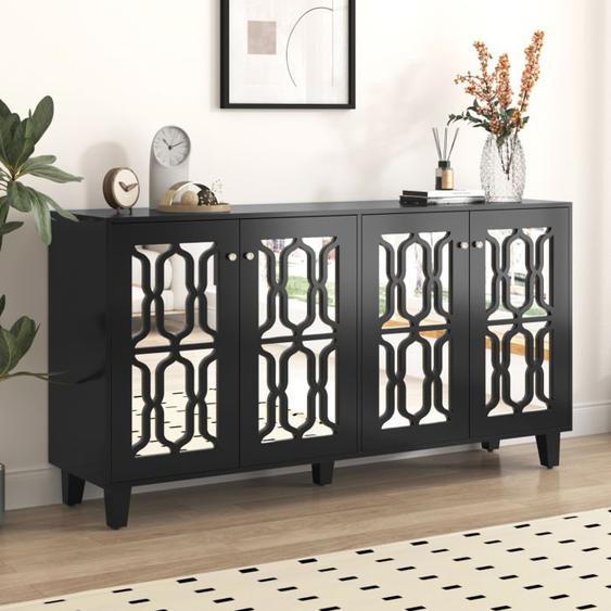 Buffet Salon Elégant, Meuble Dentrée 4 Portes Et Poignées En Cristal Froid,Buffet Miroir Noir, Style Moderne, Pour Salon Et