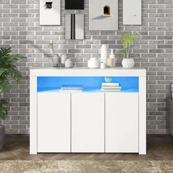 Buffet salon en bois blanc avec éclairage led, 3 portes et  télécommande, pour la cuisine, le salon, la salle à manger et le couloir
