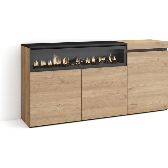 Buffet salon et cuisine, 150x35x75cm, 3 Portes, Cheminée électrique, Chêne et noir