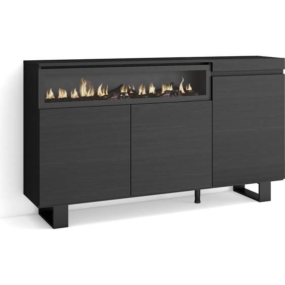 COZY Buffet salon et cuisine, 150x35x87cm, 3 Portes, Cheminée électrique, Noir