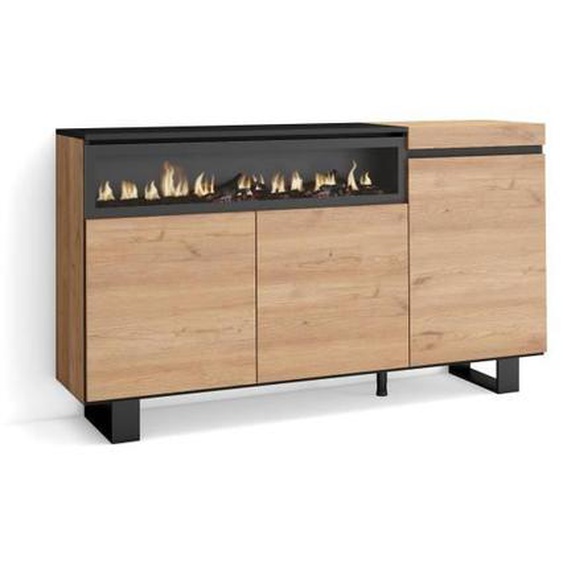 Buffet, Bahut, Enfilade, Meuble de Séjour, 150x35x87cm, 1feu électrique, Chêne et noir, RF2519