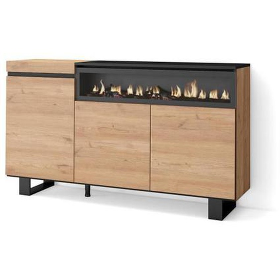 Buffet, Bahut, Enfilade, 150x35x87cm, Meuble de Séjour, 1feu électrique, couleur Chêne et noir, RF2523