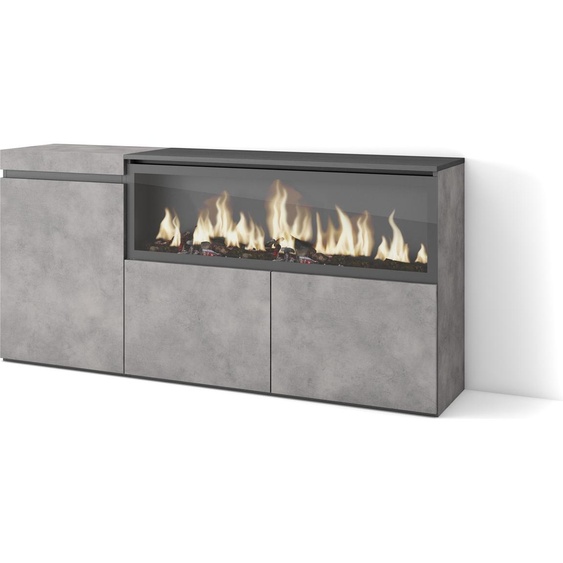 COZY Buffet salon et cuisine, 158x35x75cm, 3 Portes, Cheminée électrique XXL, Ciment