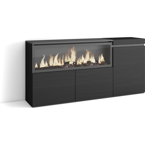 COZY Buffet salon et cuisine, 158x35x75cm, 3 Portes, Cheminée électrique XXL, Noir