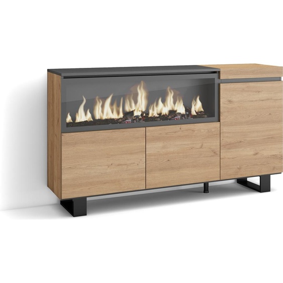 COZY Buffet salon et cuisine, 158x35x87cm, 3 Portes, Cheminée électrique XXL, Chêne