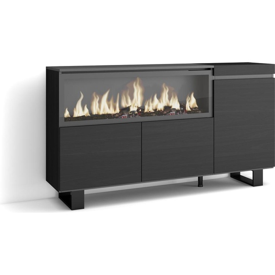 Buffet salon et cuisine, 158x35x87cm, 3 Portes, Cheminée électrique XXL, Noir