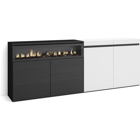 COZY Buffet salon et cuisine, 200x35x75cm, 4 Portes, Cheminée électrique, Blanc et noir