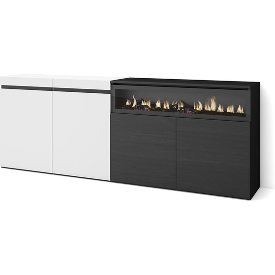 COZY Buffet salon et cuisine, 200x35x75cm, 4 Portes, Cheminée électrique, Blanc et noir