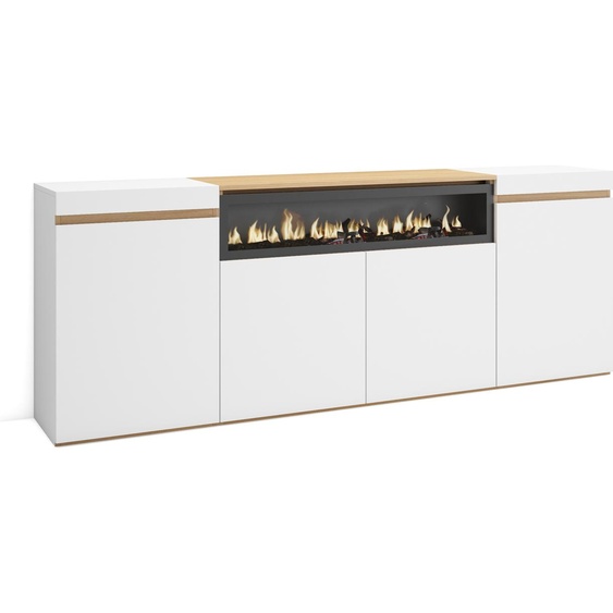 COZY Buffet salon et cuisine, 200x35x75cm, Cheminée électrique, Blanc et Chêne Soft