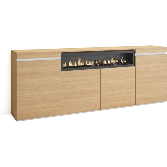 Buffet salon et cuisine, 200x35x75cm, Cheminée électrique, Chêne soft et blanc