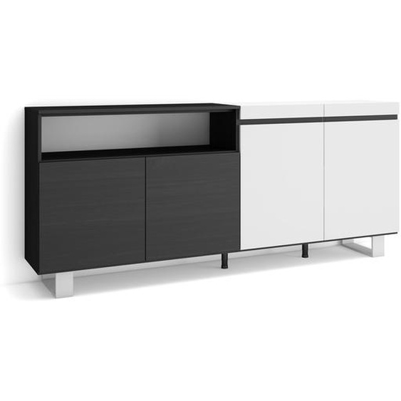 COZY Buffet salon et cuisine, 200x35x87cm, 4 Portes, Blanc et noir