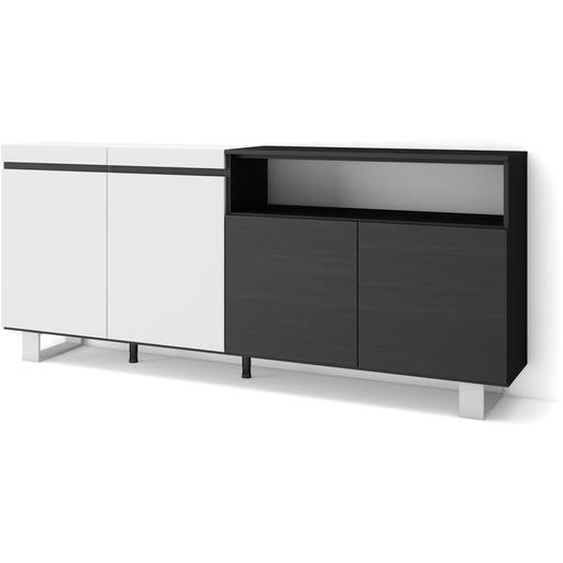 COZY Buffet salon et cuisine, 200x35x87cm, 4 Portes, Blanc et noir