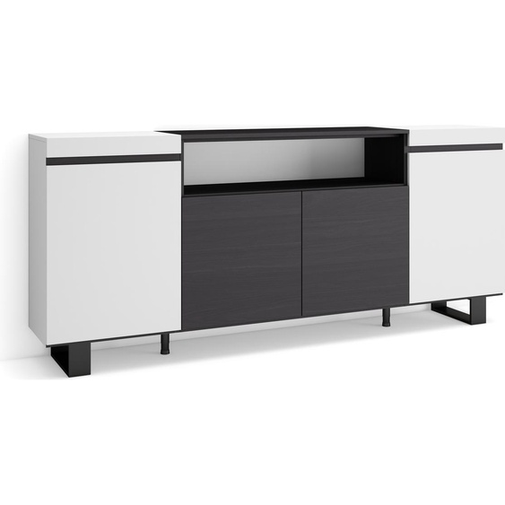COZY Buffet salon et cuisine, 200x35x87cm, 4 Portes, Blanc et noir