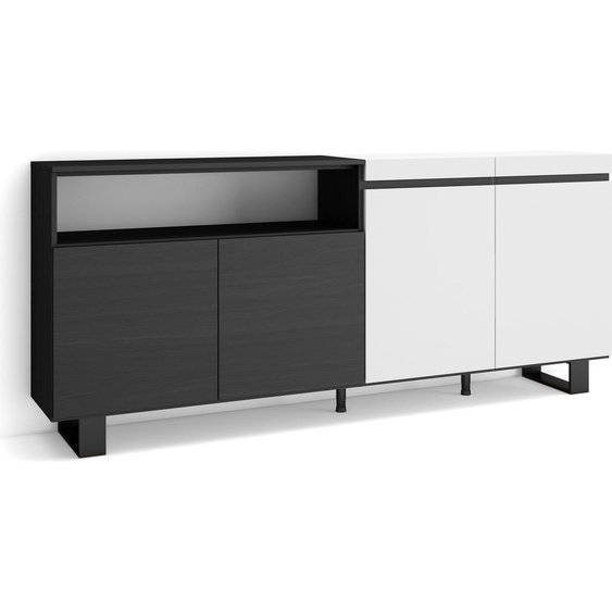 COZY Buffet salon et cuisine, 200x35x87cm, 4 Portes, Blanc et noir
