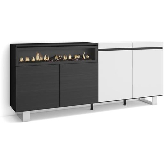COZY Buffet salon et cuisine, 200x35x87cm, 4 Portes, Cheminée électrique, Blanc et noir