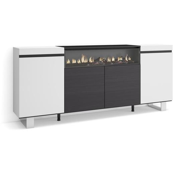 COZY Buffet salon et cuisine, 200x35x87cm, 4 Portes, Cheminée électrique, Blanc et noir