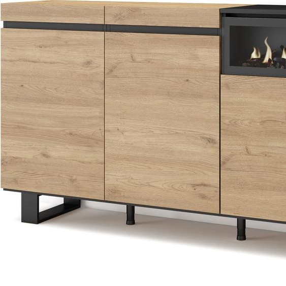 COZY Buffet salon et cuisine, 200x35x87cm, 4 Portes, Cheminée électrique, Chêne et noir