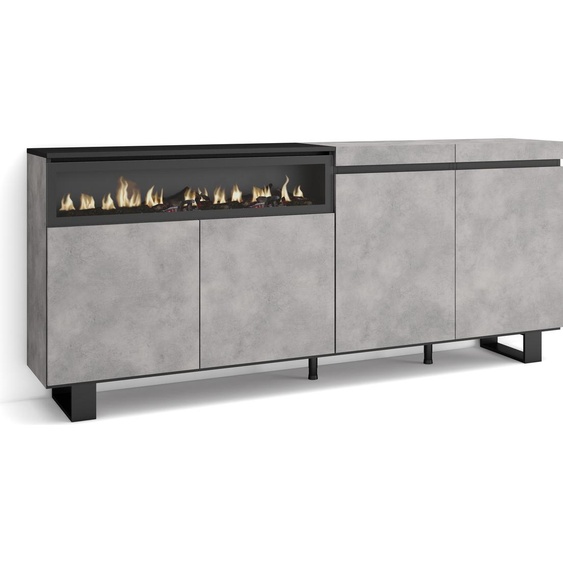 COZY Buffet salon et cuisine, 200x35x87cm, 4 Portes, Cheminée électrique, Ciment