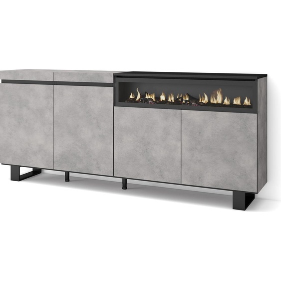 COZY Buffet salon et cuisine, 200x35x87cm, 4 Portes, Cheminée électrique, Ciment
