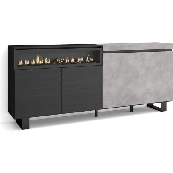 COZY Buffet salon et cuisine, 200x35x87cm, 4 Portes, Cheminée électrique, Ciment