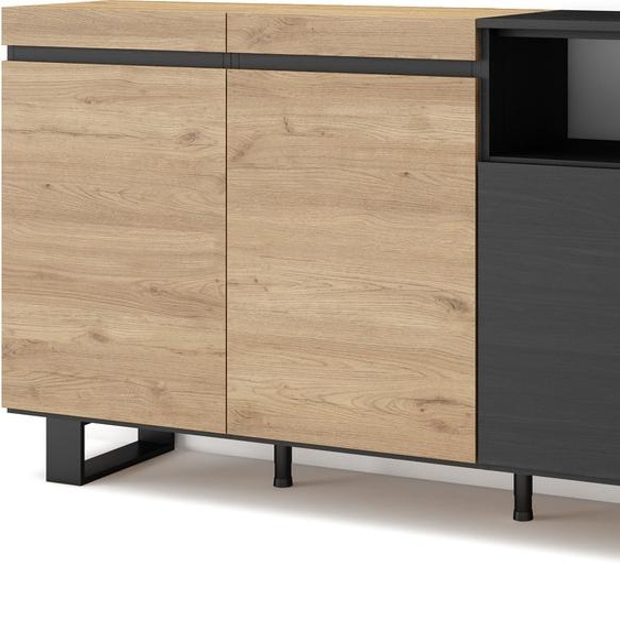 Buffet salon et cuisine, 200x35x87cm, 4 Portes, Chêne et noir