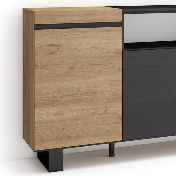 COZY Buffet salon et cuisine, 200x35x87cm, 4 Portes, Chêne et noir