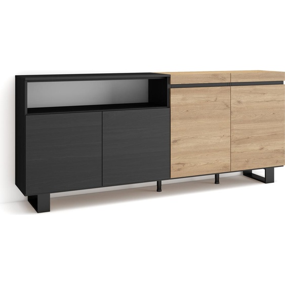 COZY Buffet salon et cuisine, 200x35x87cm, 4 Portes, Chêne et noir