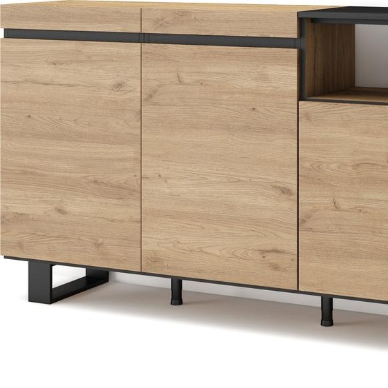 Buffet salon et cuisine, 200x35x87cm, 4 Portes, Chêne et noir